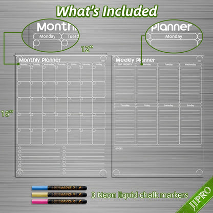 JJPRO Non-Magnetic Dry Erase Monthly Calendar, Clear Weekly Meal Board for Fridge -Starts Sunday,12"x16" Reusable Weekly Planner Stick to Fridge,Wall, All Smooth Surfaces