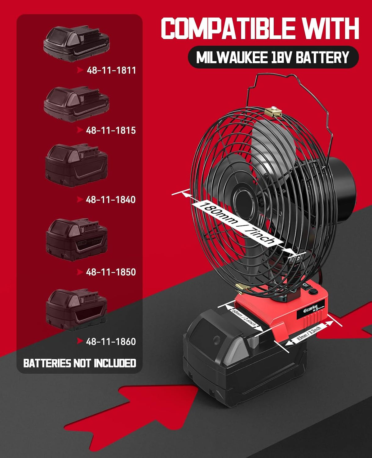 Ecarke 4" Clip Fan Compatible with Milwaukee 18V Battery (Tool Only) 3-Speed Cordless Clip-On Fan with 360° Rotation Low Noise Portable Desk Fan for Camping Jobsite Tent Fishing Outdoor
