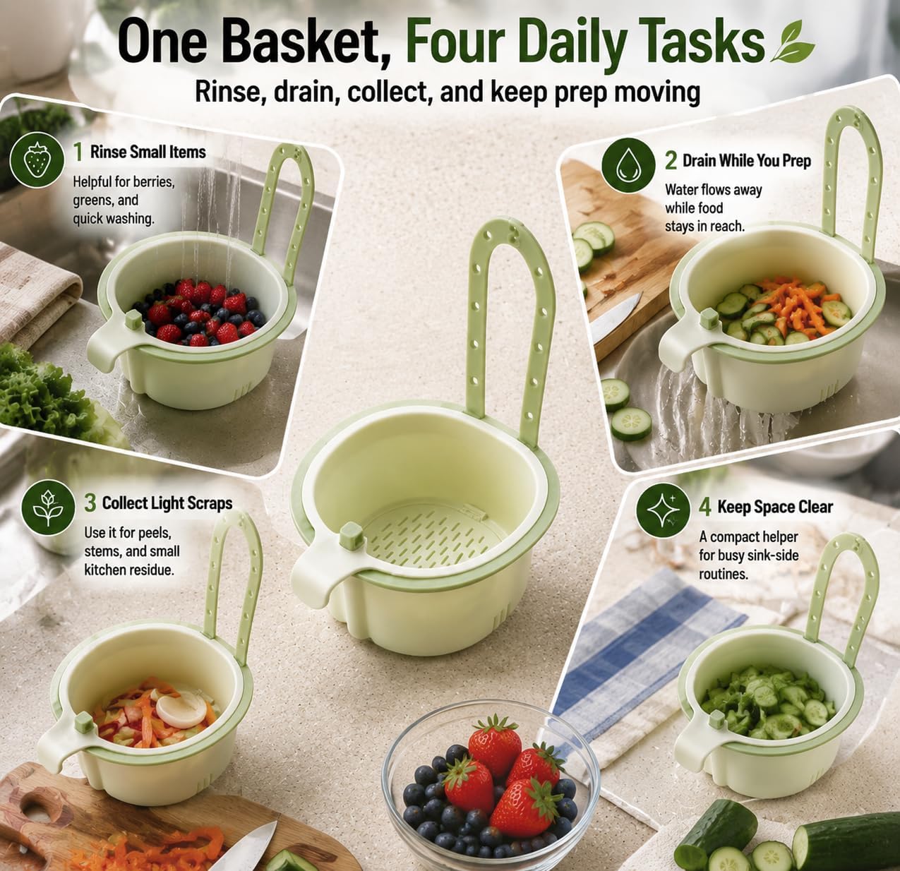 Hanging Sink Drain Basket, Press-to-Dump Kitchen Strainer Basket | Manual press-to-dump hanging sink basket with faucet hook and fine mesh for everyday kitchen draining