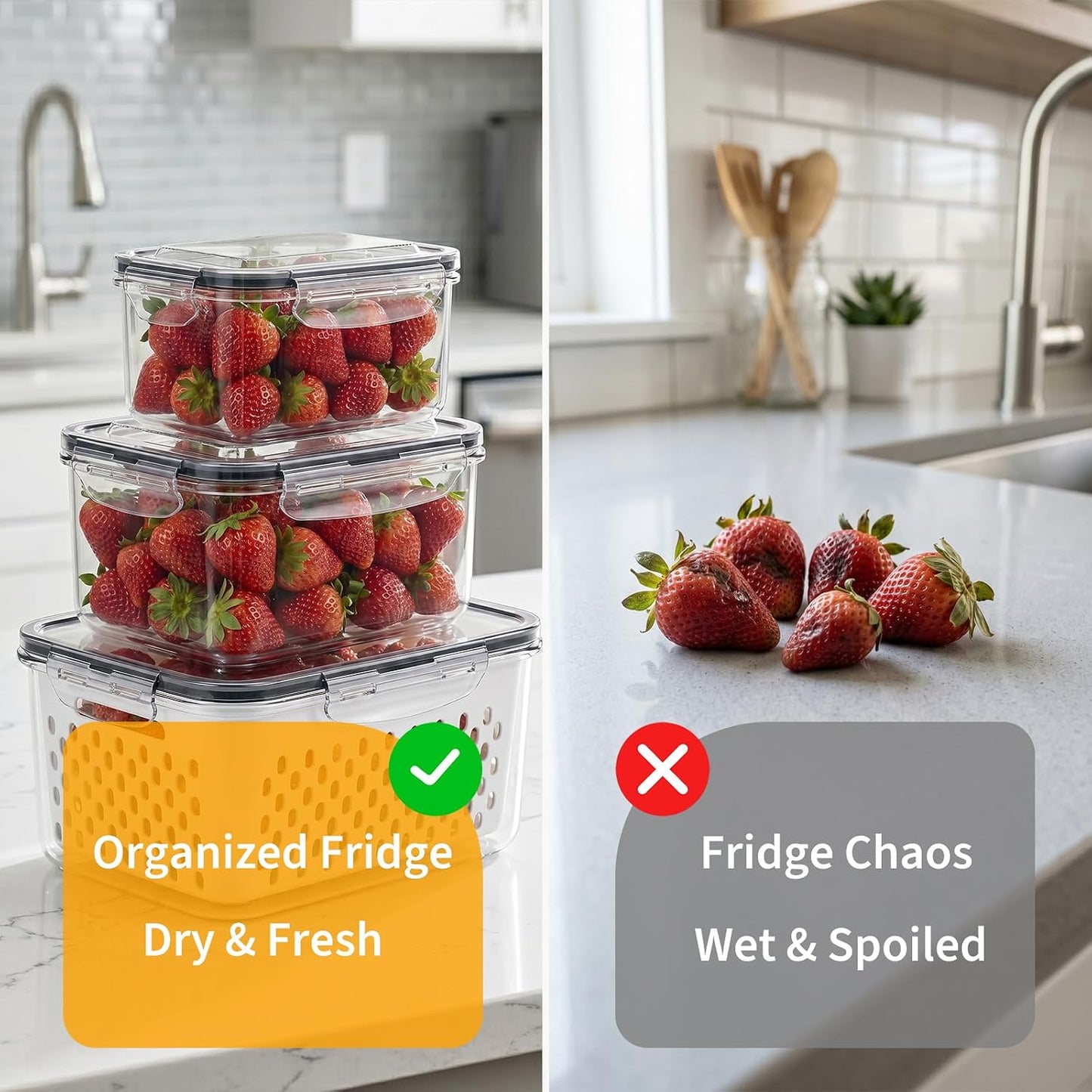 Berry keeper Fruit Storage Containers for Fridge with Removable Colander | 4 in 1 Food Storage Containers with Lids, Dishwasher Safe Easy to Clean, Keep Strawberry and Other Fruit Fresh Longer, 4PCS