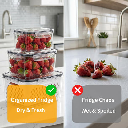 Berry keeper Fruit Storage Containers for Fridge with Removable Colander | 4 in 1 Food Storage Containers with Lids, Dishwasher Safe Easy to Clean, Keep Strawberry and Other Fruit Fresh Longer, 4PCS