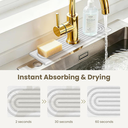 Diatomite Faucet Mat for Kitchen Sink, Quick-Dry Stone-Like Sink Mat, Flat Lay Absorbent Countertop Drying Mat for Faucet Area, Hard Diatomite Mat, Gray, 23.6 x 4 in