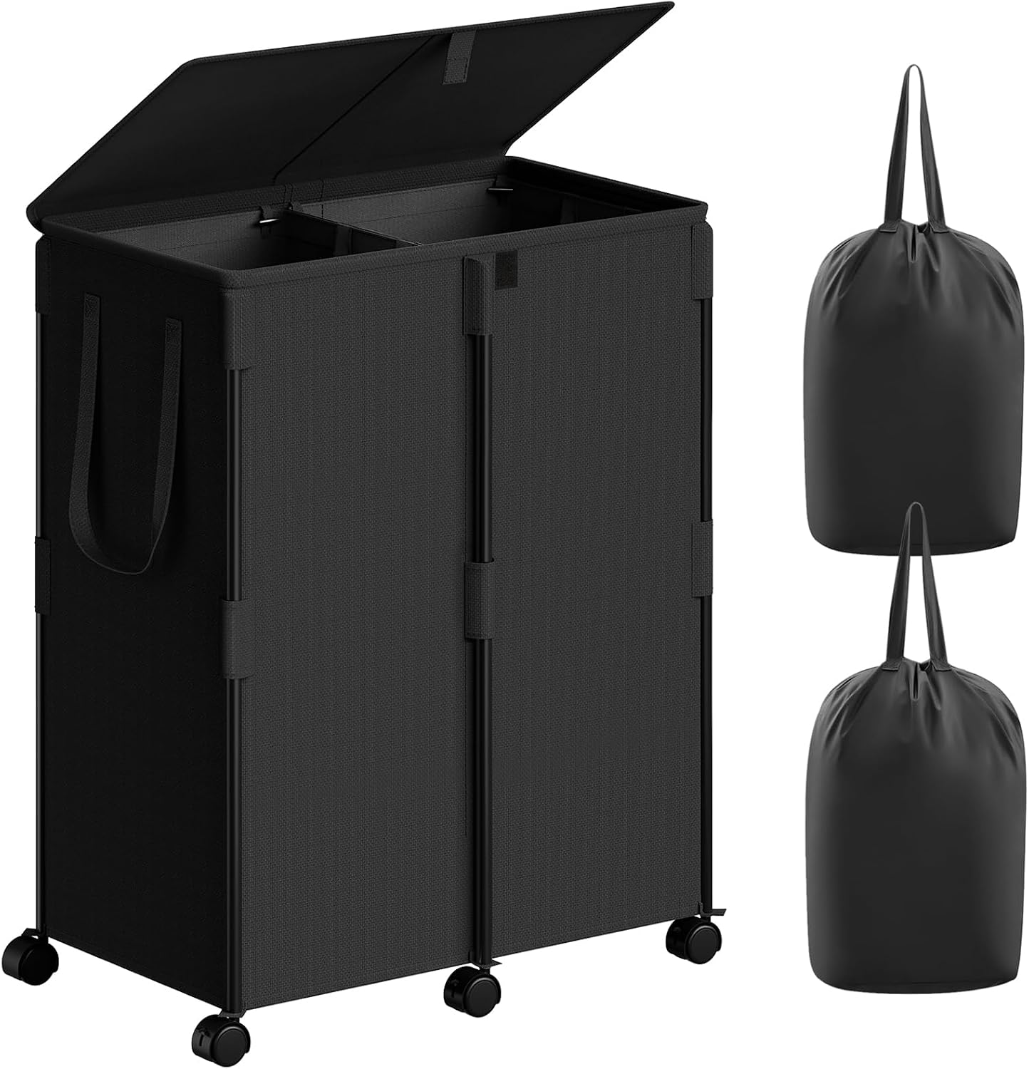140L Double Laundry Hamper with Lid and 6 Wheels, Rolling Laundry Basket | Gasvadivum Metal Frame Laundry Sorter 2 Section with 2 Removable Bags, Large Clothes Cart for Bedroom, Bathroom, Black