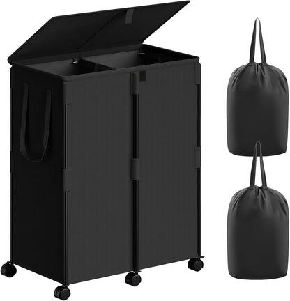 140L Double Laundry Hamper with Lid and 6 Wheels, Rolling Laundry Basket | Gasvadivum Metal Frame Laundry Sorter 2 Section with 2 Removable Bags, Large Clothes Cart for Bedroom, Bathroom, Black