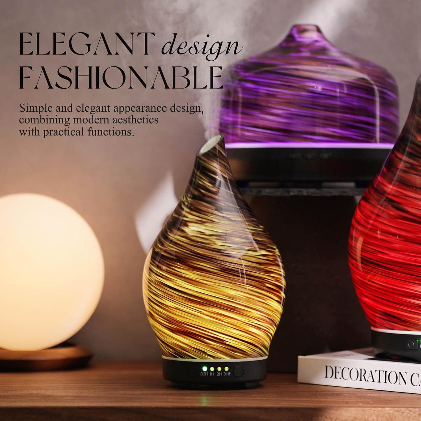 Porseme Oil Diffuser 3D Glass Aromatherapy Ultrasonic Humidifier, Air Refresh Auto Shut-Off, Timer Setting, BPA Free for Home Hotel Yoga Leisure SPA Gift 150ml Last 6H - Colors B