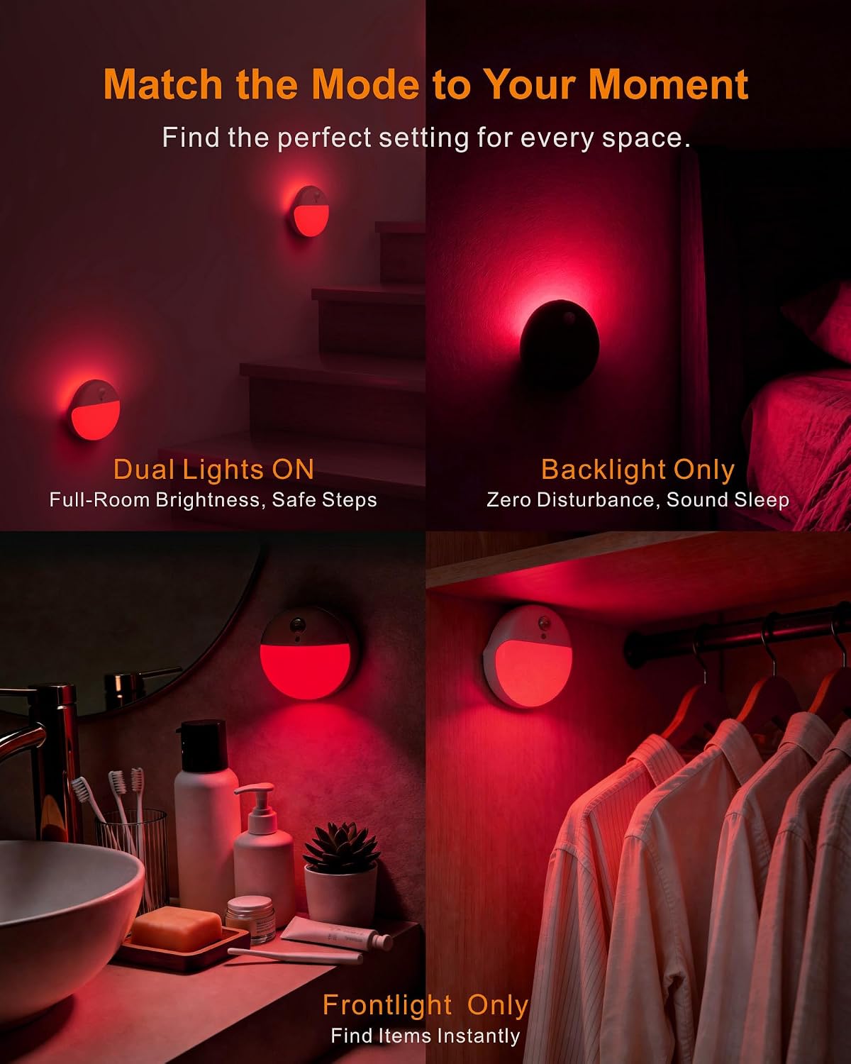 Small Motion Sensor Amber Night Light Battery Operated, Toilet Light | 2 Pack, 3 Modes, Dimmable 1-15lm, Dim Light Soft Glow, No Plug, Wireless Stick on Light for Bedroom, Sleep, Bathroom, Kids