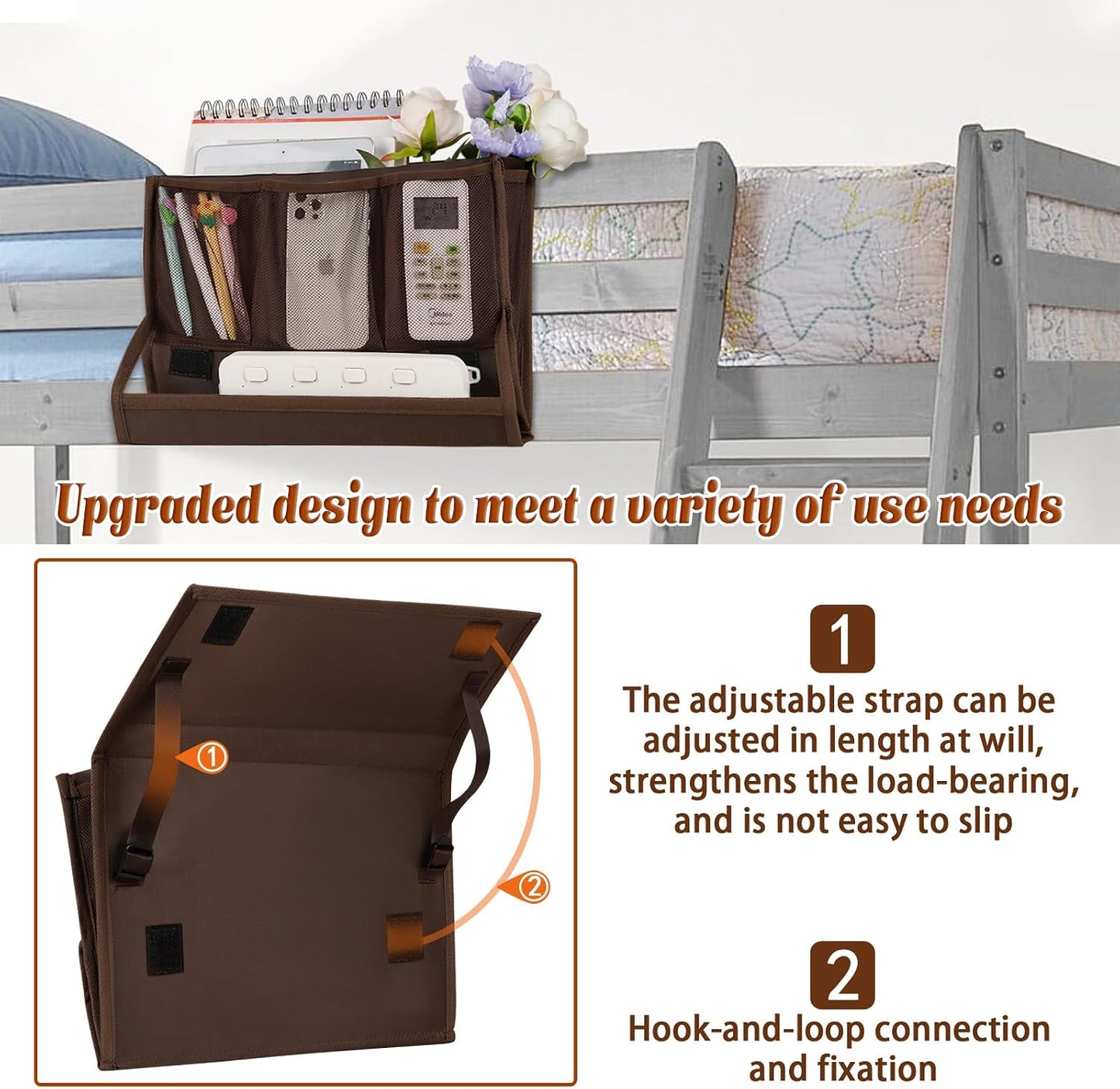 Bedside Caddy Organizer for Dorm Bed Rails with 7 Pockets, Gray | Bed Pockets Bedside Storage with Power Strip Holder & 2 Adjustable Straps for Home, College, Dorm, Hospital Bedside Organizer