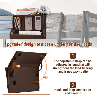 Bedside Caddy Organizer for Dorm Bed Rails with 7 Pockets, Gray | Bed Pockets Bedside Storage with Power Strip Holder & 2 Adjustable Straps for Home, College, Dorm, Hospital Bedside Organizer