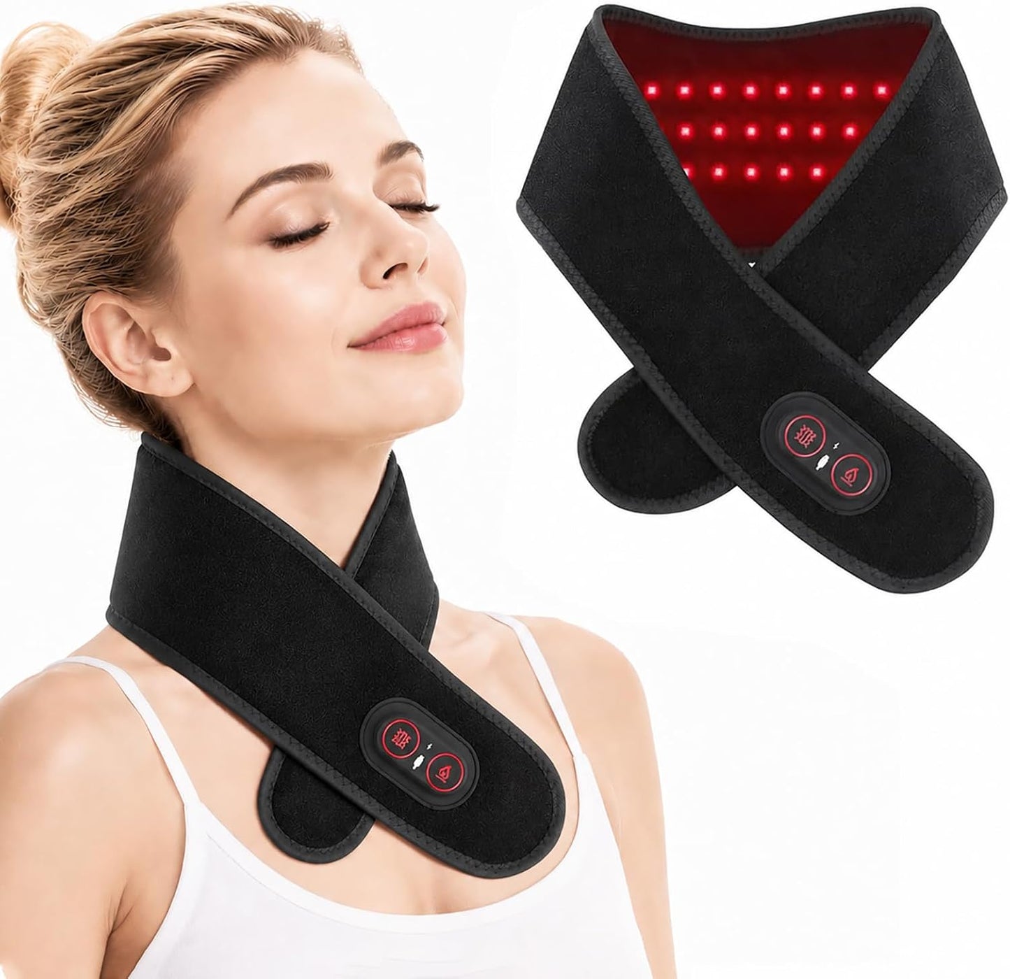 Neck Heating Pad for Pain, Cordless Neck Massager with 660nm 850nm Red Light, 3000mAh Battery and 3 Levels Heat & Massage Heated Neck Brace Wrap for Soreness Stiffness Relief Pain
