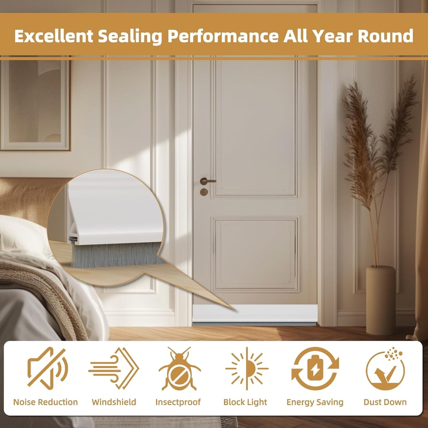 cuysfead 39" Door Draft Stopper for Bottom of Door with Brush,Strong Adhesive Under Door Sweep for Exterior & Interior,Soundproof Door Gap Filler Bottom Seal Dust Blocker and Noise Stopper,White