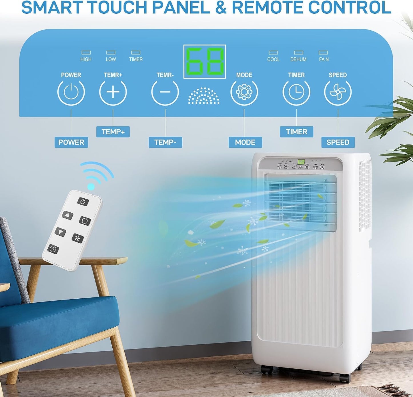 10000 BTU Portable Air Conditioner, 3 In1 Cooling Dehumidifier Fan, Quiet Fast Cooling, 4 Way Swing, LED Display, Remote, 24H Timer, 360° Wheels, Window Kit, Cools Rooms Up to 450 Sq.ft