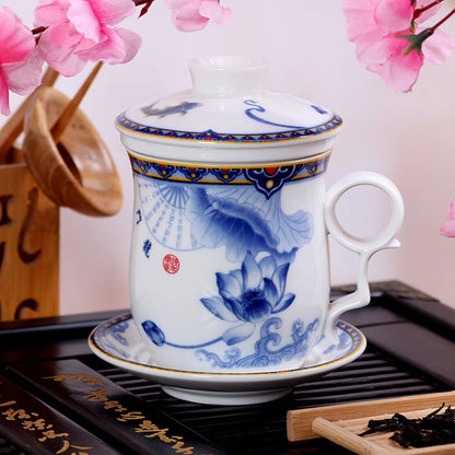 Porcelain Tea Cup with Infuser Lid and Saucer Sets - Chinese Jingdezhen Ceramics Coffee Mug Teacup Loose Leaf Tea Brewing System for Home Office
