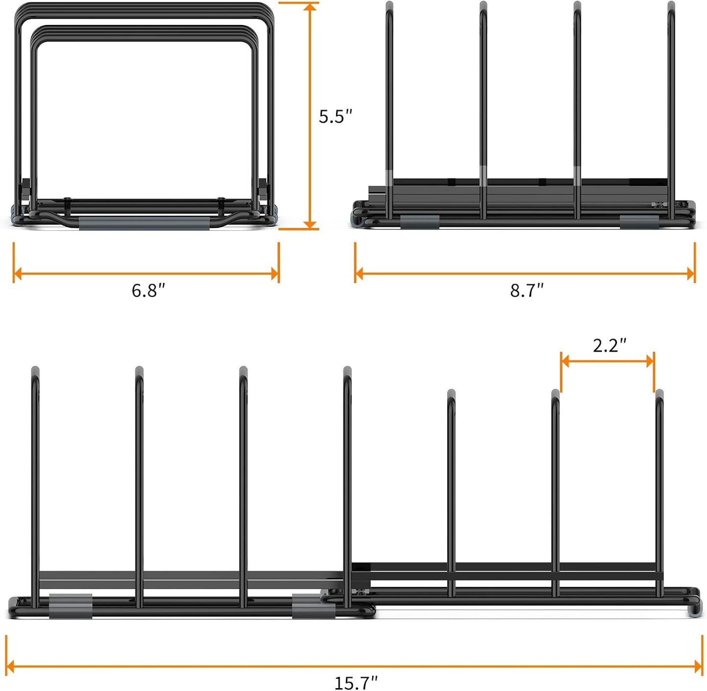 Adjustable 2.2in Pan Organizer Rack | For Pots, Pans, Cutting Boards, Cookie Sheets & Muffin Pans, 6 Slots, Non-Slip