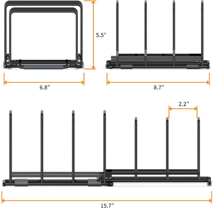 Adjustable 2.2in Pan Organizer Rack | For Pots, Pans, Cutting Boards, Cookie Sheets & Muffin Pans, 6 Slots, Non-Slip