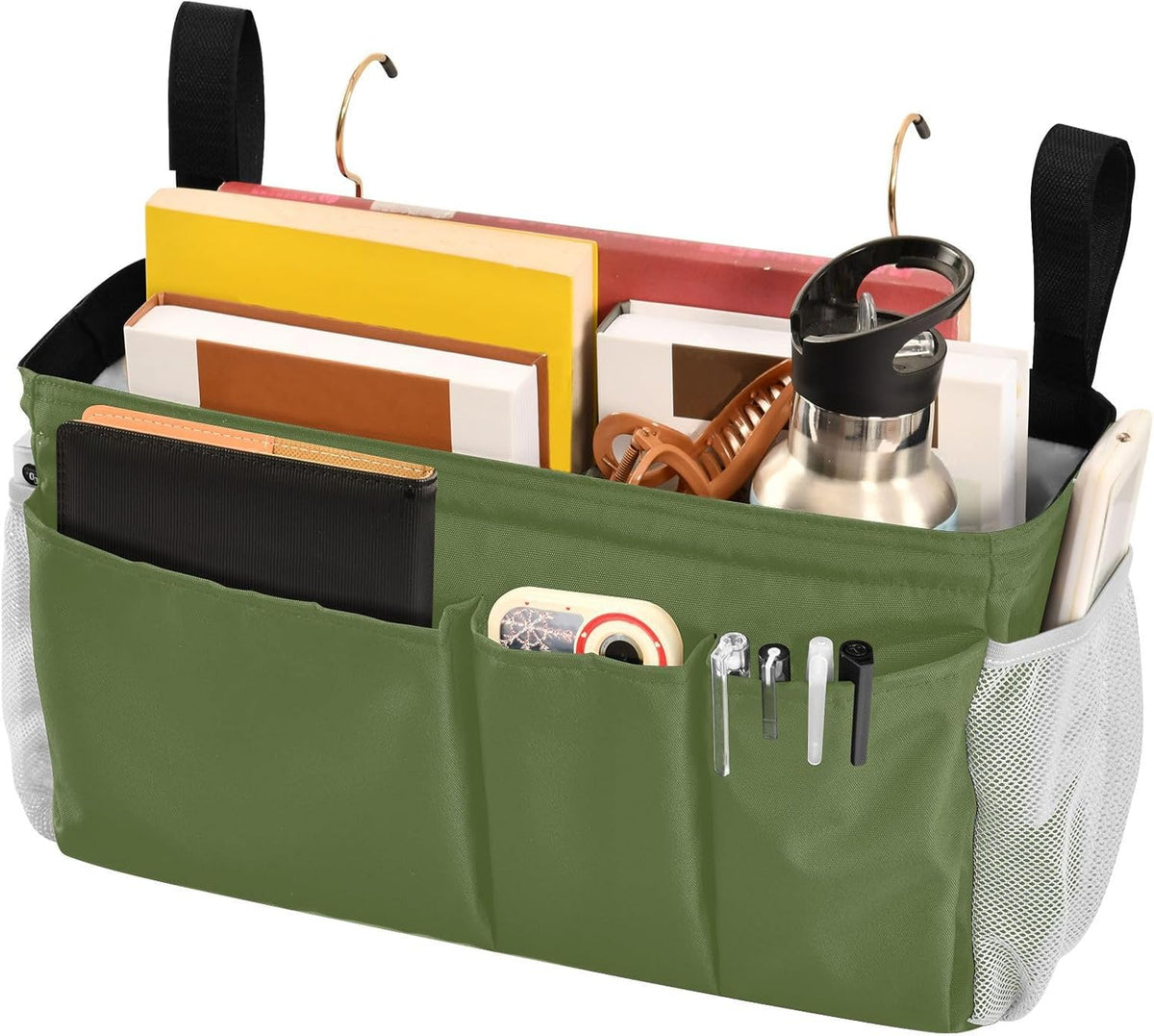 YETTASBIN Olive Green Bedside Caddy Hanging Storage Organizer Bag with 2 Straps & Hooks for Bunk Beds, College Dorm, Hospital Bed - Holder for Books, Phone, Magazine, Glasses, Keys