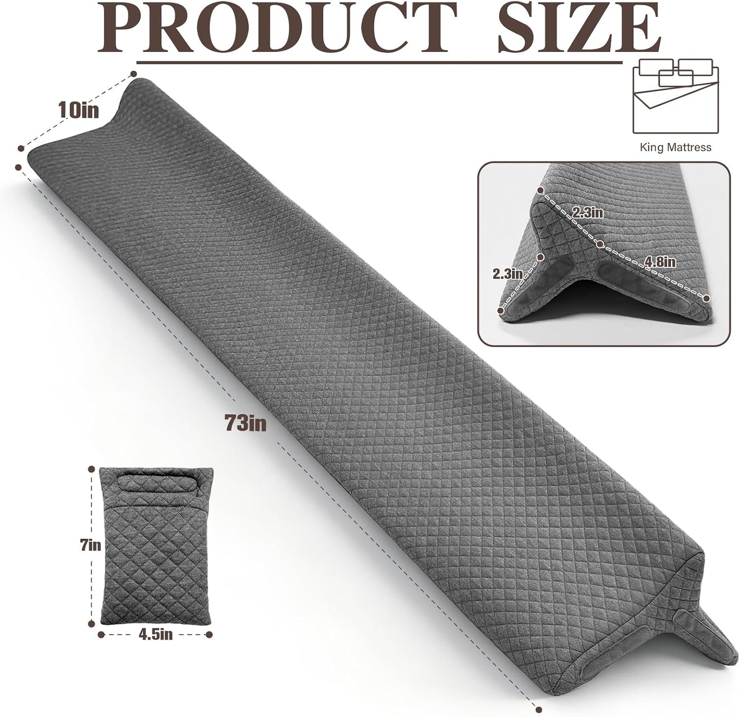 JZHLLA Triangle Bed Gap Filler King, Prevent Items from Falling | High Density Foam Headboard Gap Filler Pillow with 2 PCS Pockets and Removable Washable Cover Grey