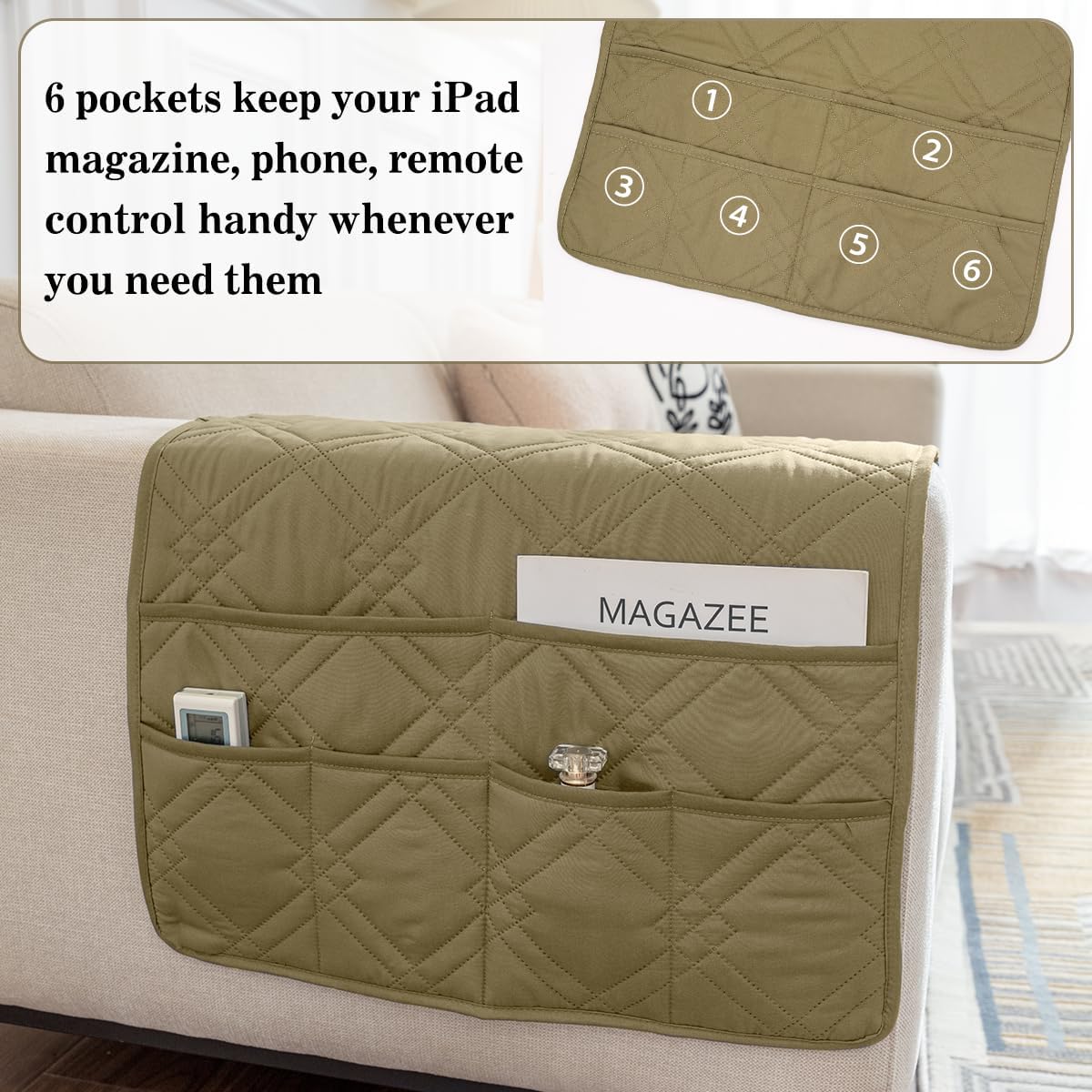 Couch Armrest Organizer Remote Control Holder Bedside Caddy with 6 Pockets, Non-Slip Armchair Caddy Sofa Armrest Organizer for Tv Remote Control, Magazine, Cell Phone, Beige