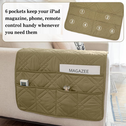 Couch Armrest Organizer Remote Control Holder Bedside Caddy with 6 Pockets, Non-Slip Armchair Caddy Sofa Armrest Organizer for Tv Remote Control, Magazine, Cell Phone, Beige
