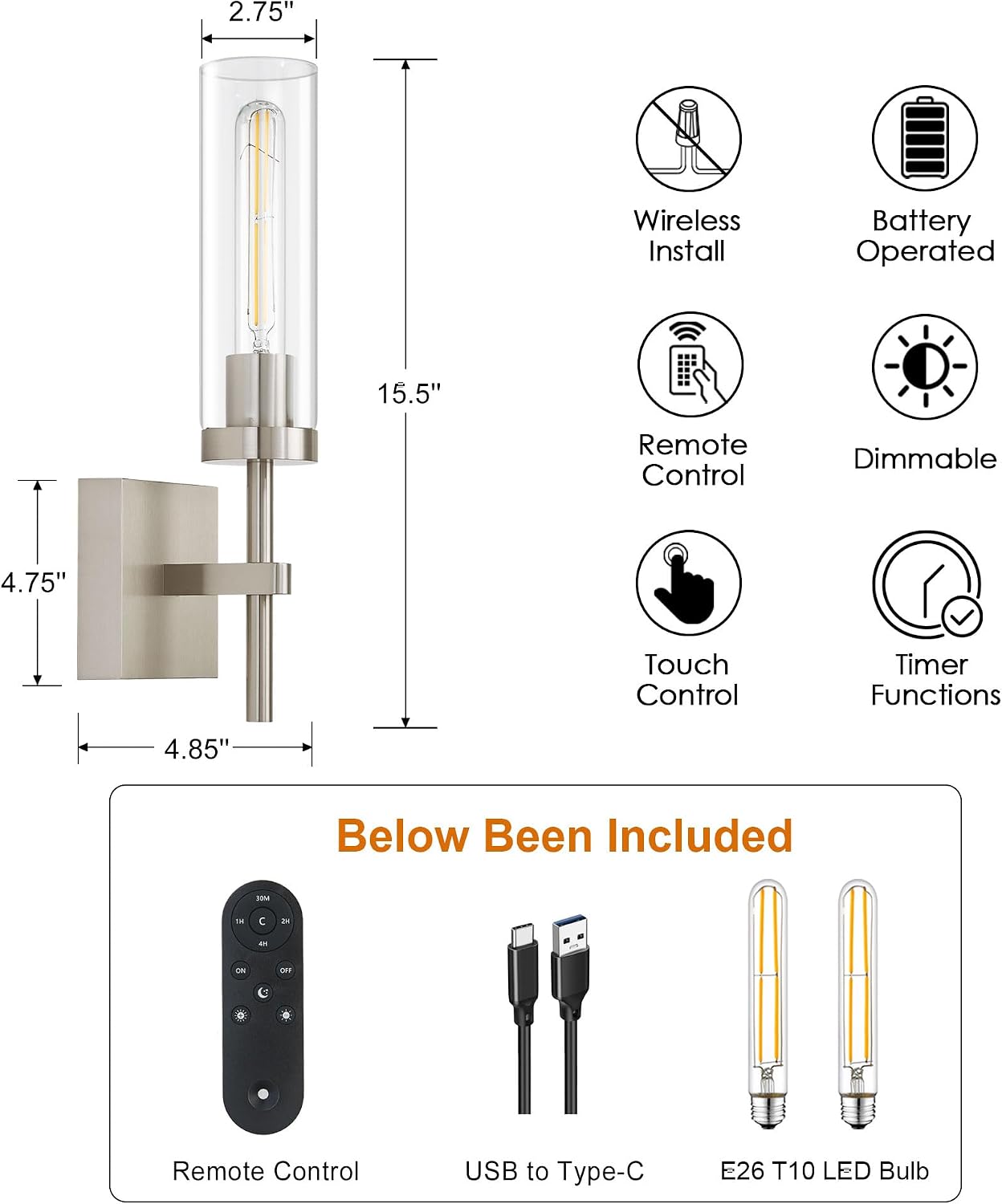 Wireless Wall Sconces with Remote Control, Battery Operated Wall Sconce Set of 2, Black & Gold Rechargeable Dimmable Wall Light for Bedroom Living room Bathroom Hallway Entryway Stairwell, 3000K
