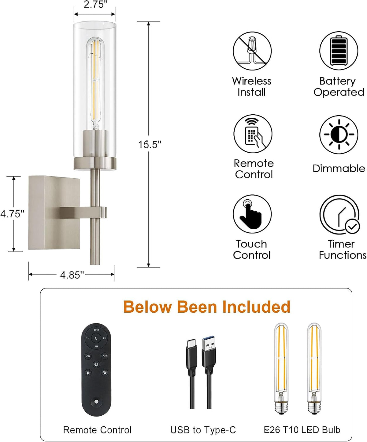 Wireless Wall Sconces with Remote Control, Battery Operated Wall Sconce Set of 2, Black & Gold Rechargeable Dimmable Wall Light for Bedroom Living room Bathroom Hallway Entryway Stairwell, 3000K