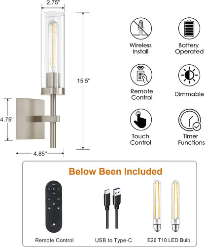 Wireless Wall Sconces with Remote Control, Battery Operated Wall Sconce Set of 2, Black & Gold Rechargeable Dimmable Wall Light for Bedroom Living room Bathroom Hallway Entryway Stairwell, 3000K