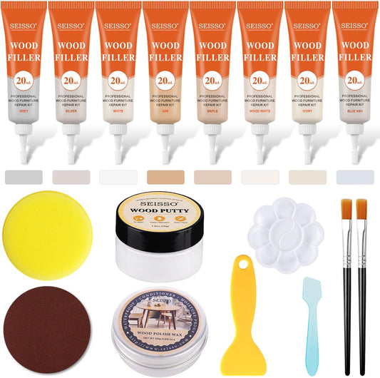 SEISSO Furniture Repair Kit, 18 Colors Touch Up Markers and Wood Filler Sticks with Wood Polish Wax - Furniture Touch Up Kit Cover Up Scratches, Stains, Holes for Wooden Table, Cabinet, Floors, Door