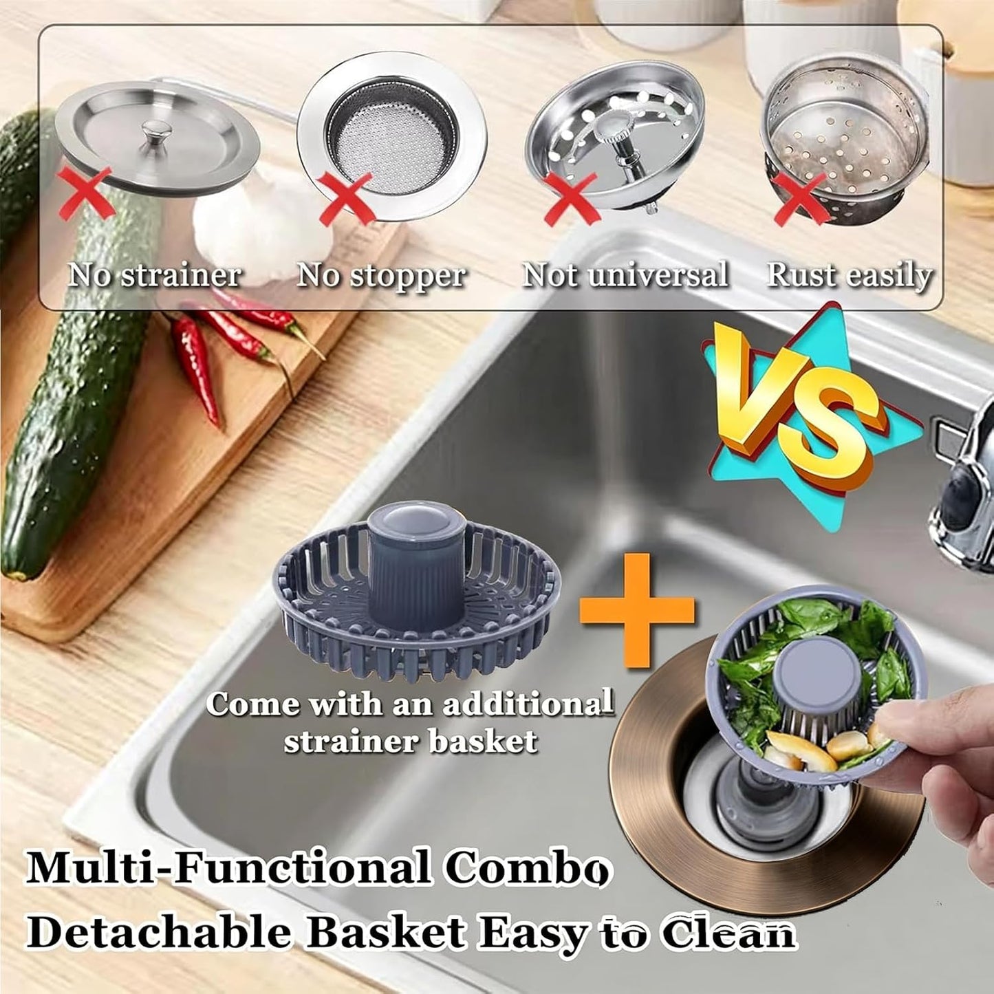 BAOLSLS 3 in 1 Kitchen Sink Stopper, Pop Up Kitchen Sink Drain Strainer | with An Extra Basket Strainer, Kitchen Sink Drain Stopper for US Standard 3-1/2 Inch, Chrome Silver