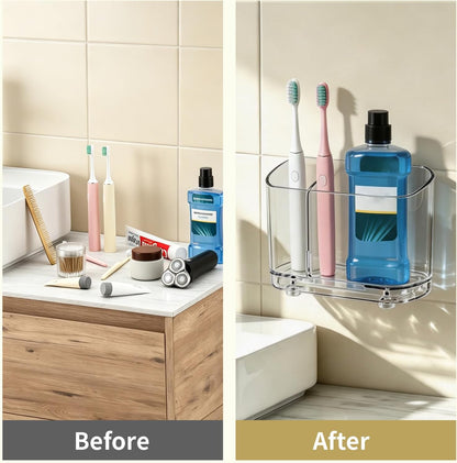 2-Slot Electric Toothbrush Holder Wall & Counter, No-Drill | Self-adhesive waterproof, Drainage holes, Keeps dry, Fits counter/wall, For bathroom vanity,, Small Size