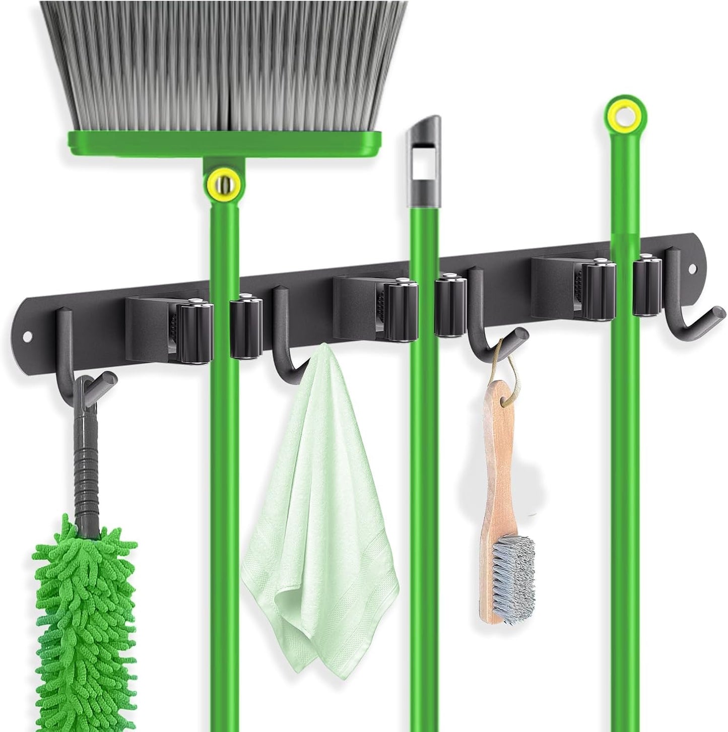 ZONGOOL 2 Pack Mop Broom Holder Wall Mount 4 Racks 5 Hooks Storage Black | 304 Rustproof Stainless Steel Broom Hanger, Non-Slip Wall Mount Organizer, Space Saving For Kitchen, Laundry, Garden