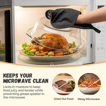 Glass Microwave Splatter Cover for Food with Silicone Trivet | Sturdy Glass Plate Guard Lid with Vent Holes & Easy-Grip Knob - BPA Free, Dishwasher Safe - 9.5inch, Includes Oven Mitt