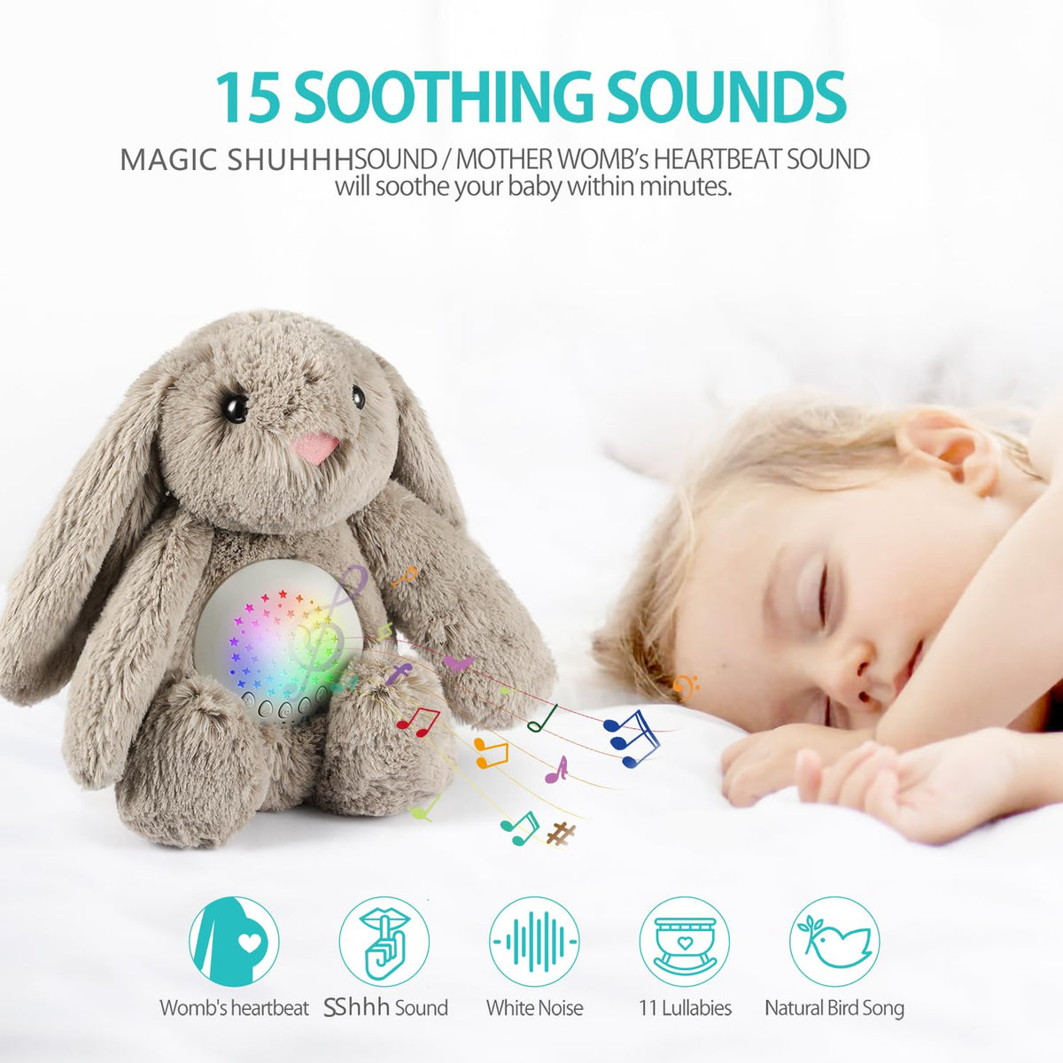 BEREST A13 White Noise Machine & Baby Sleep Soother with 15 Soothing Sounds & Projector Night Light Music Box, Cry Sensor, Rechargeable, Portable for Newborns, Toddlers, Attaches to Crib