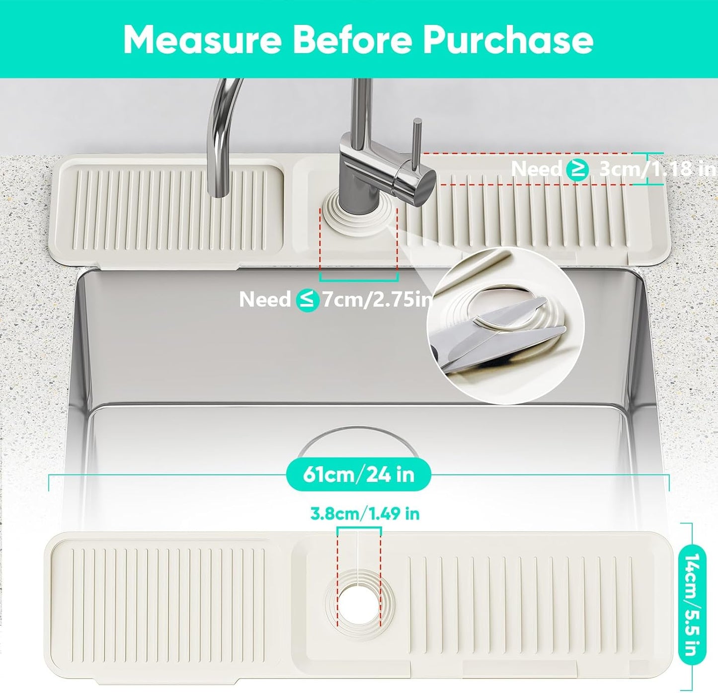 24 Inch Longer Faucet Mat for Kitchen Sink [5° Slope Fast Self-draining]Bathroom Kitchen Sink Splash Guard Silicone Sinks Faucet Mat Splash Guard for Kitchens Sinks Area Tidy Splashs Draining Mats