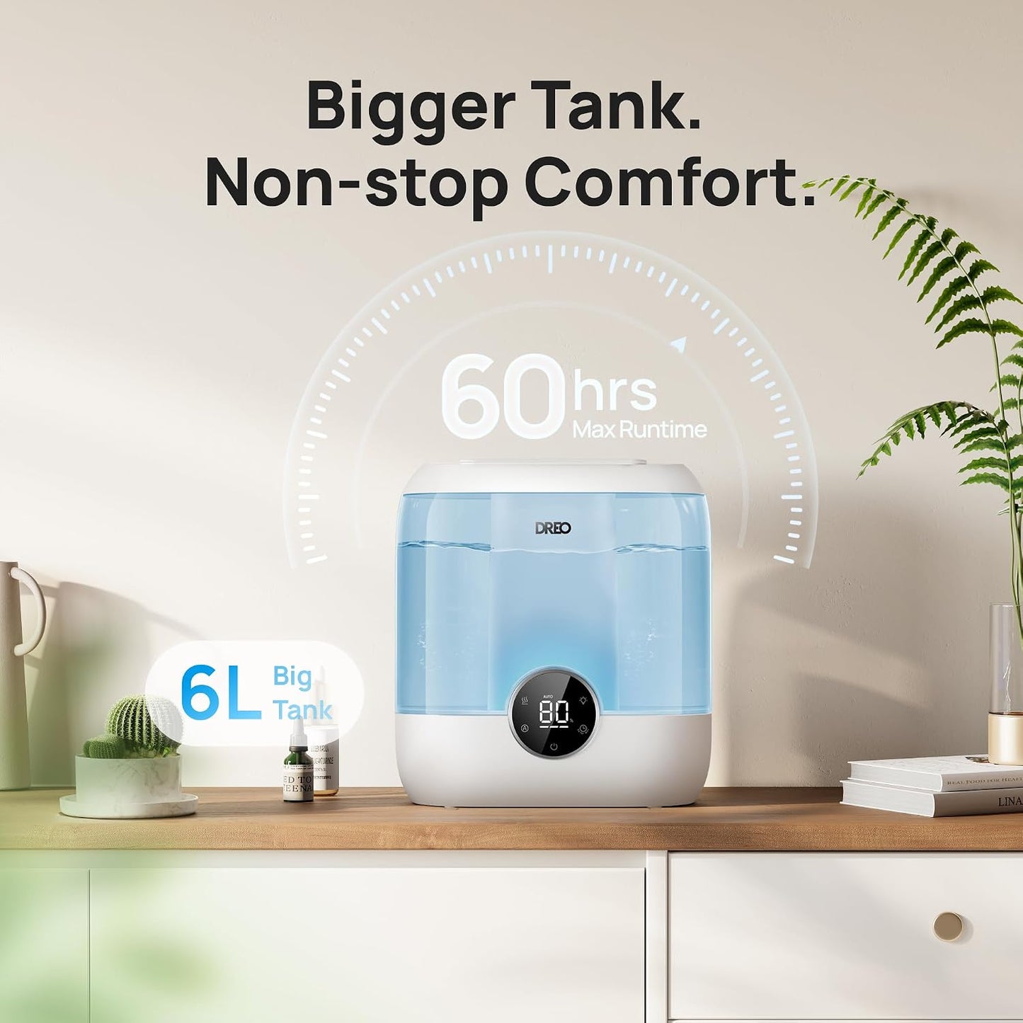 DREO 6L Smart Humidifiers for Bedroom, Large Room, 60H Runtime, Quiet 28dB | Top Fill Supersized Cool Mist Humidifier for Plants, Indoor, Home, Night Light, App/Touch/Voice Control, Black