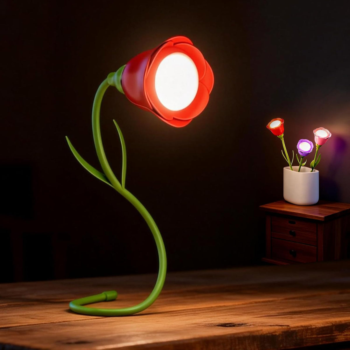 Rose Flower Lamp Rechargeable Reading Light for Bed,3-Color Modes Adjustable Brightness Small Night Light Neck Reading Light,Festival Gifts for Kids Mom Girlfriend Grandma(Orange-red)