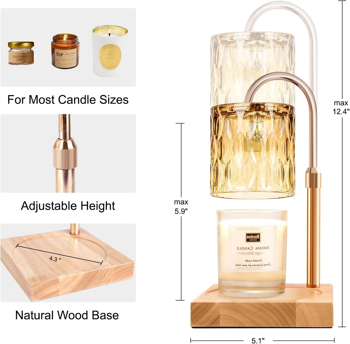 Candle Warmer Lamp, Candle Warmer Light with Timer & Dimmer, Candle Warmer Lamp Adjustable Height, Compatible with Jar Scented Candles, Candle Warming Lamp with 3 Bulbs for Home Decor