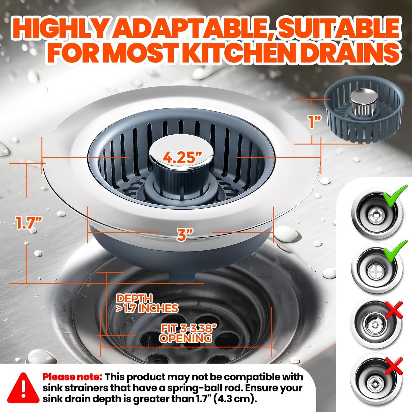 3 in 1 Kitchen Sink Drain Strainer and Stopper Silver 1 Pack | Kitchen Sink Accessories Strainer Basket with Removable Insert - Stainless Steel Food Catcher, Easy Clean Pop-Up