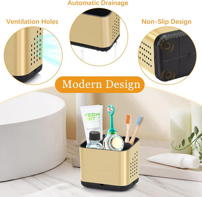 Bathroom Toothbrush Holders, Toothbrush and Toothpaste Holder (Wood Grain) | Easy To Clean, Drainage, Removable, Non-Slip, 4 Slots Tooth Brush Holder for Bathroom Countertop Organizer