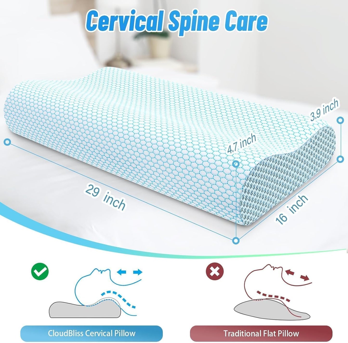 Neck Pillow for Sleeping, Ergonomic Cervical Bed Pillow, Blue Standard Size | Memory Foam Bed Pillow for Side Back Stomach Sleepers, Contour Fit Neck Pillow for Sleeping and Neck Pain Relief