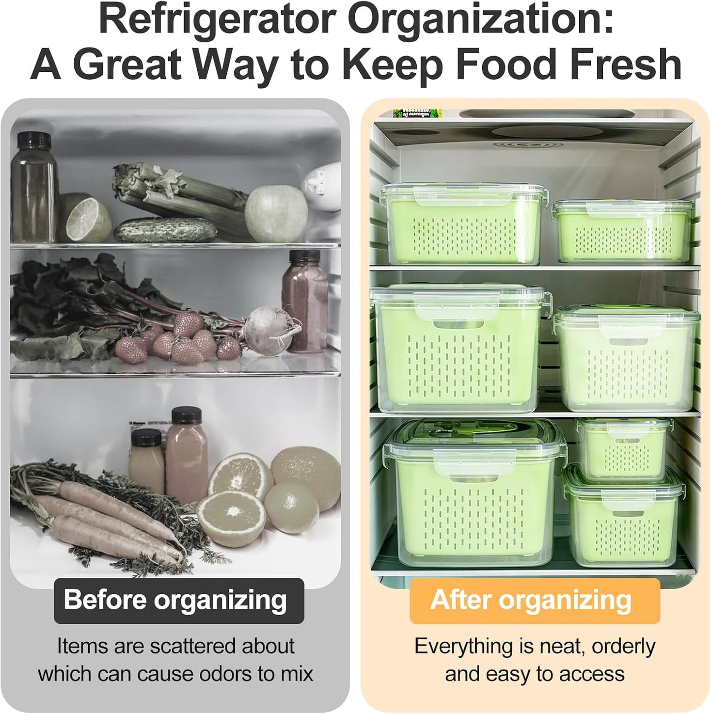 YudouTech 4 PCS Fruit Storage Containers for Fridge-Features removable Colander,All-in-One Fruit Washing Bowl & Colander,Microwave/Dishwasher Safe for Berry,Lettuce,Salad & Meat Fresh Longer,Green
