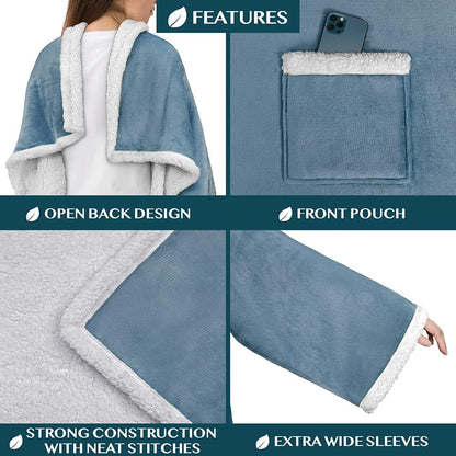 PAVILIA Wearable Blanket with Sleeves and Pocket for Women Men, Sherpa Trim
