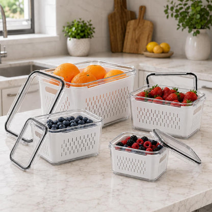 UFORU 4 Pack Fruit Storage Containers, Airtight Produce Saver for Fridge | Airtight refrigerator storage containers with removable colander and stackable design for berries, fruits and vegetables