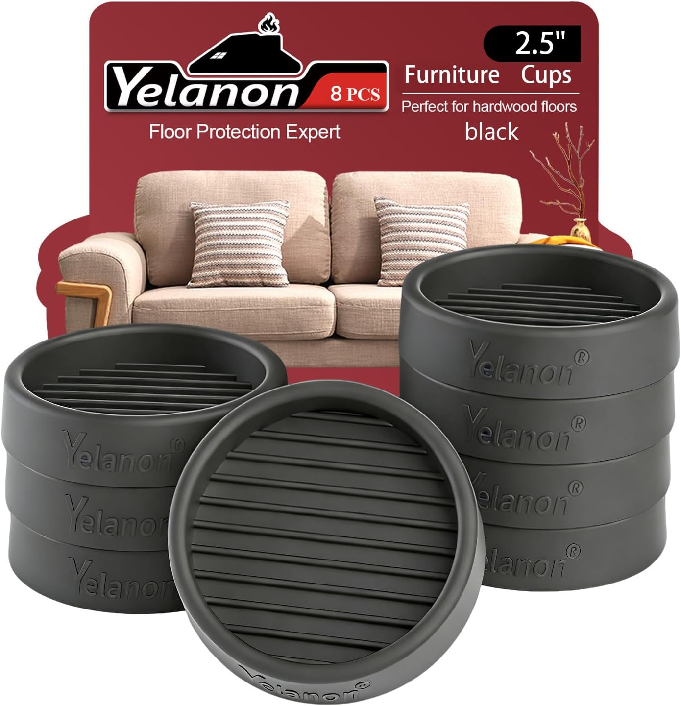 Furniture Coasters 4 Pcs 4” Furniture Caster Cups - Non Slip Furniture Pads Hardwoods Floors - Non Skid Grippers Rubber Furniture Feet Anti Slide Floor Protector for Bed Couch Stoppers Black