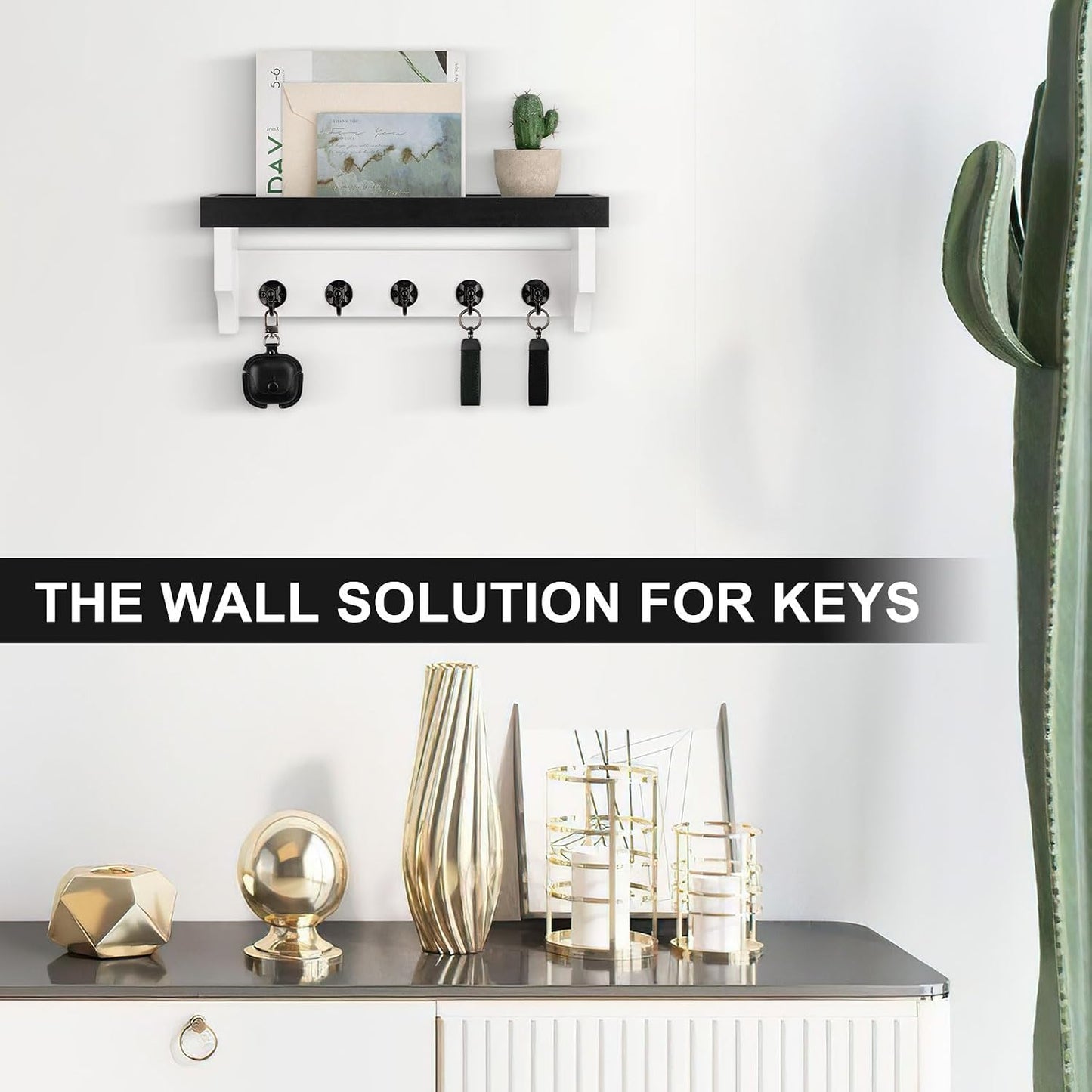 Key and Mail Holder Wall Mount, Mail Organizer with 5 Key Hooks | Key Holder with Shelf, Key Holder for Coat, Dog Leash, Home Decor Rack, Entry Way Organizer