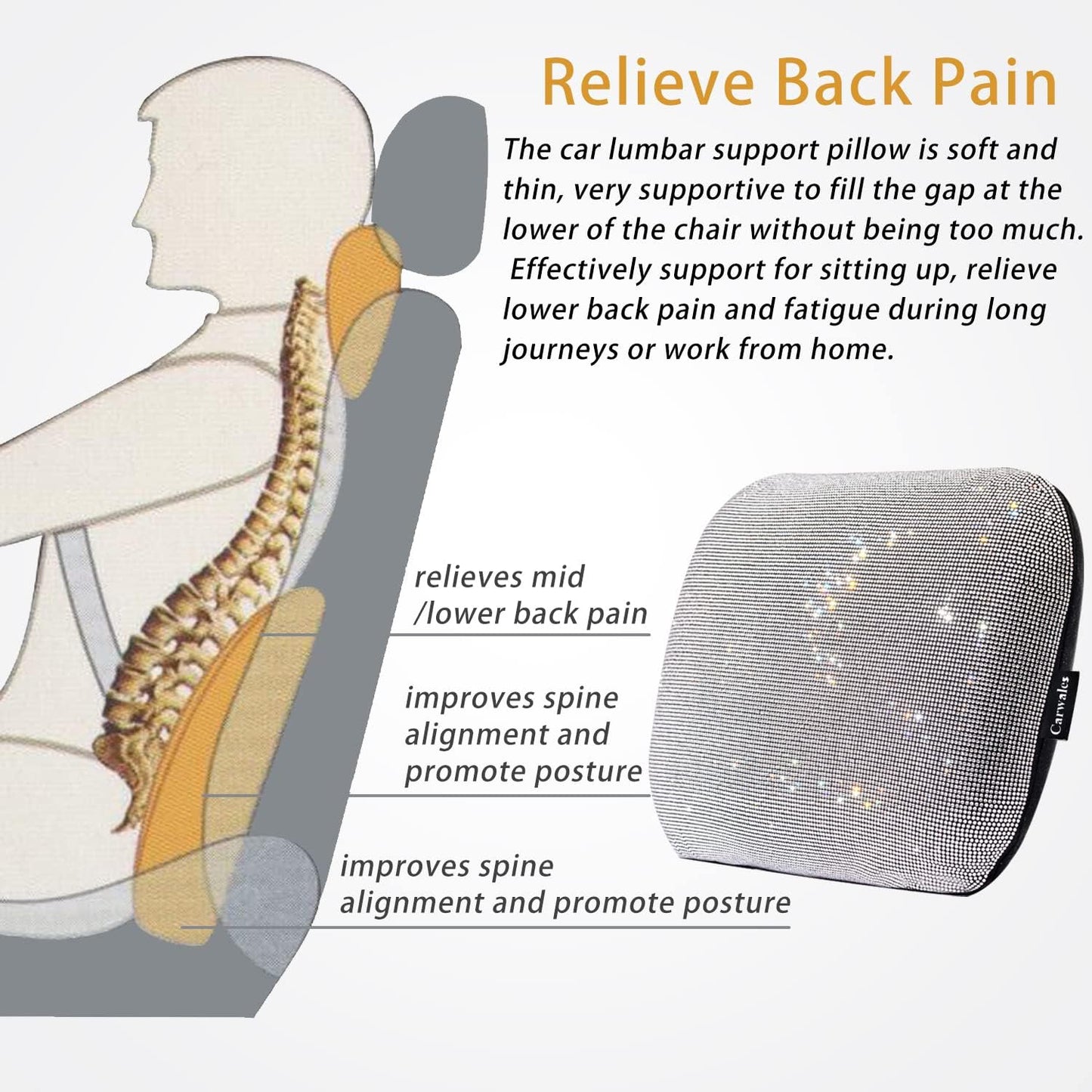 Lower Back Automotive Lumbar Support Pillow for Car Recliner Cushion Black | Soft Latex Memory Foam Suede, Home Office Chair Desk Accessories, Thin Waist Pain Relief, Driving Seat Relax, Ergonomic