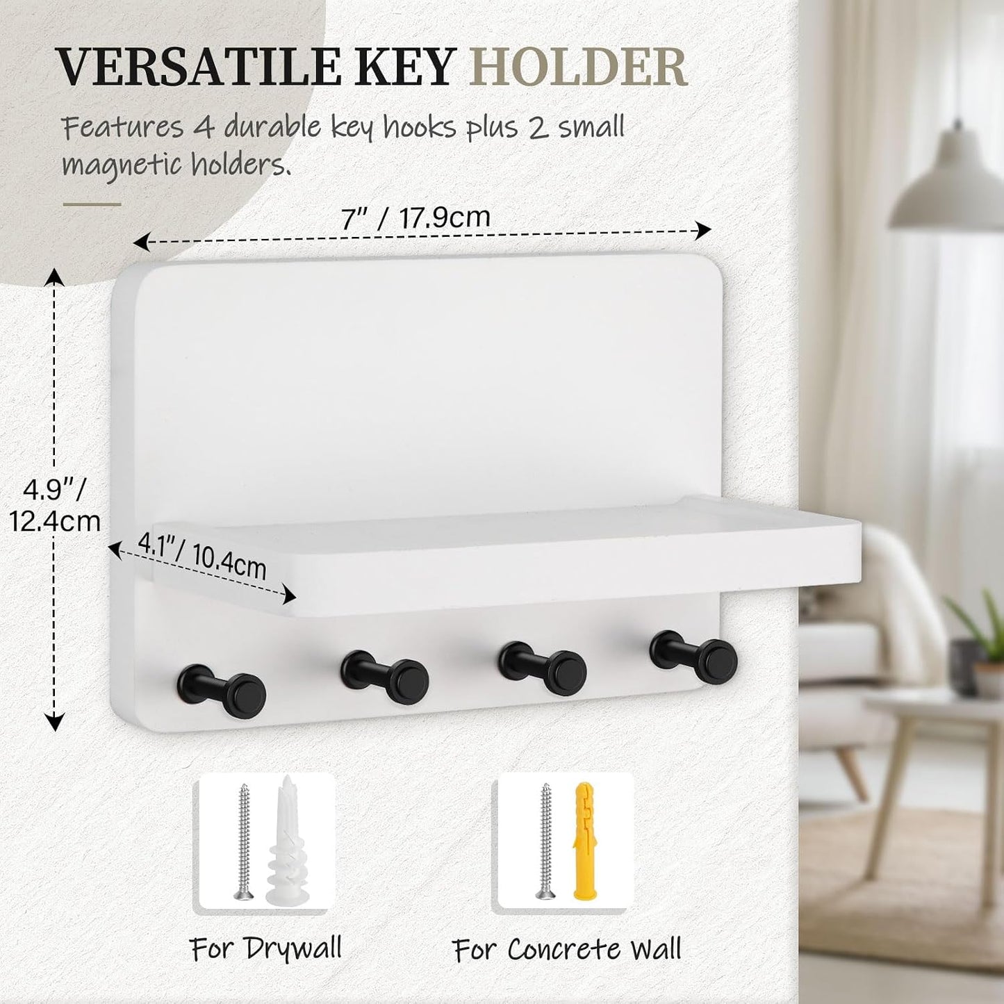 Nekon Key Holder for Wall with Shelf, Pine Wooden Key Hanger, Black | Small Wall Mounted Key Holder with 4 Hooks, Farmhouse Wall Organizer for Home Entryway & Apartment