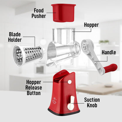Zulay Kitchen Rotary Cheese Grater 5 Blade Cheese Shredder - Manual Hand Crank Cheese Grater With Reinforced Suction & 5 Interchangeable Drums - Easy to Use, Vegetable Chopper Round Mandoline Slicer - Colors A