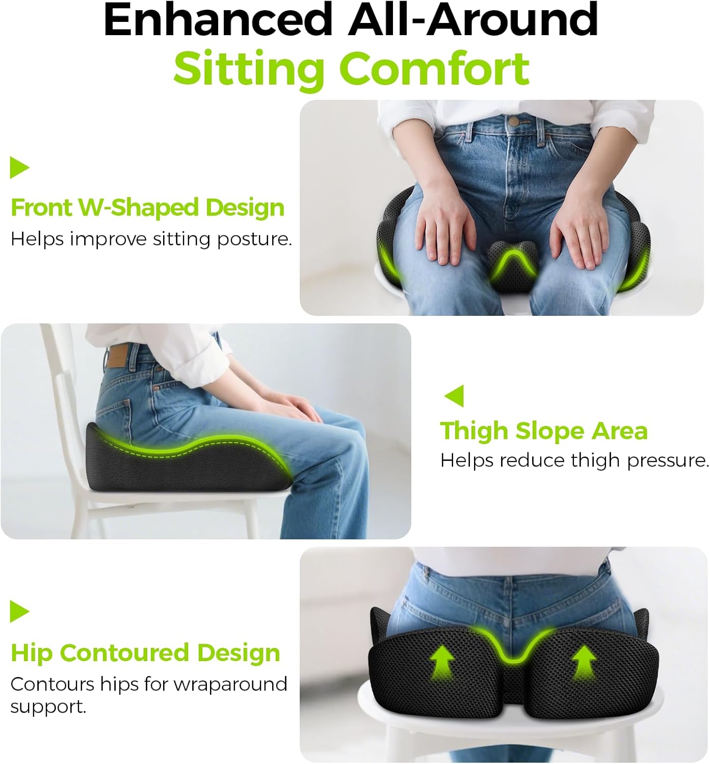 AUVON Gel Seat Cushion for Office Chairs, Ergonomic Memory Foam Chair Cushions for Long-Sitting Support & Sciatica, Back, Tailbone Pain Relief, Breathable Car Seat Cushion with Anti-Slip Base