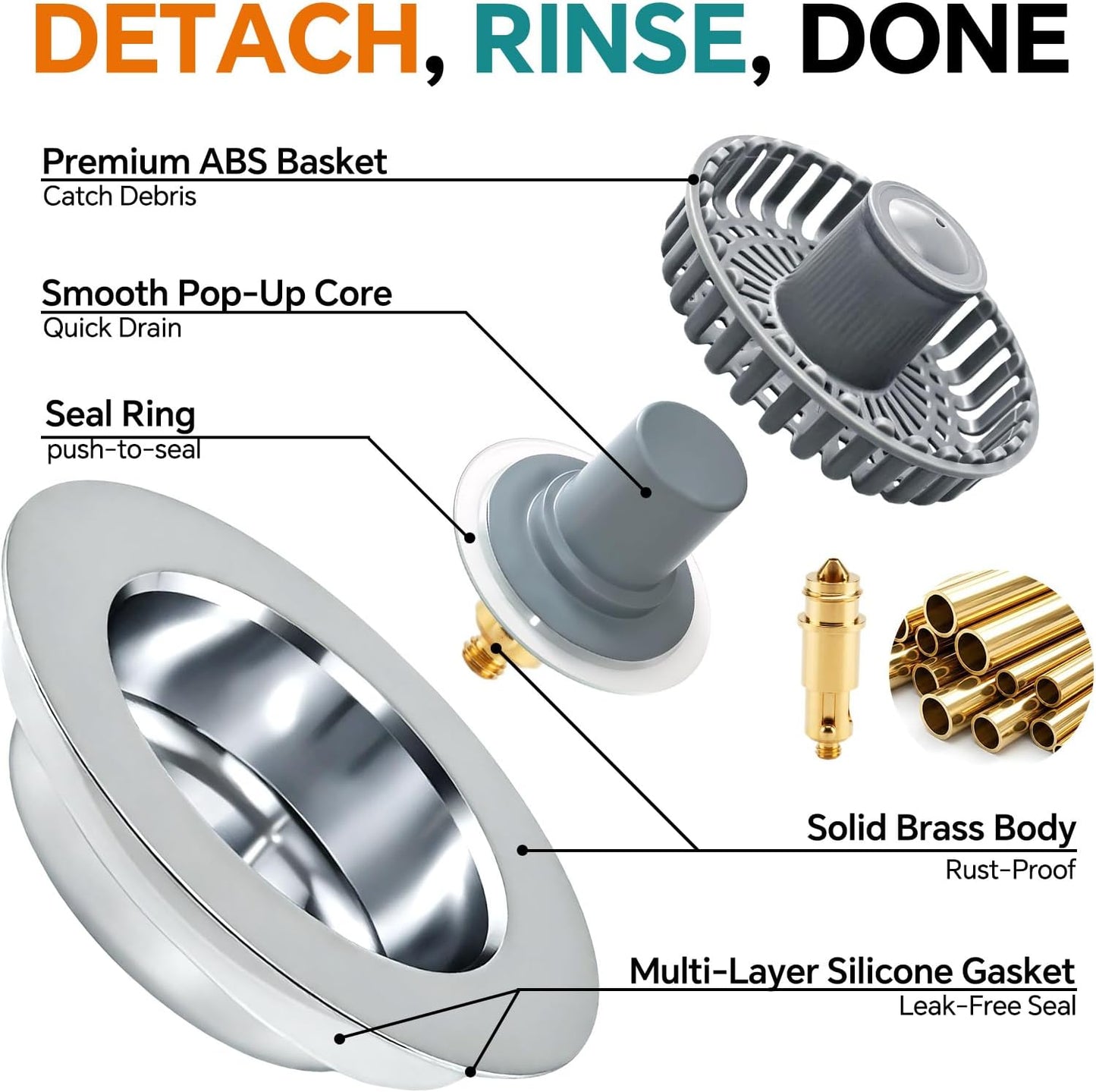 Solid Brass Body 3-in-1 Kitchen Sink Drain Strainer & Stopper, Heavy Duty Pop Up Plug Assembly with 2 Baskets, Anti-Clog Replacement for US Standard 3-1/2 Inch Drains, Rust-Proof Silver