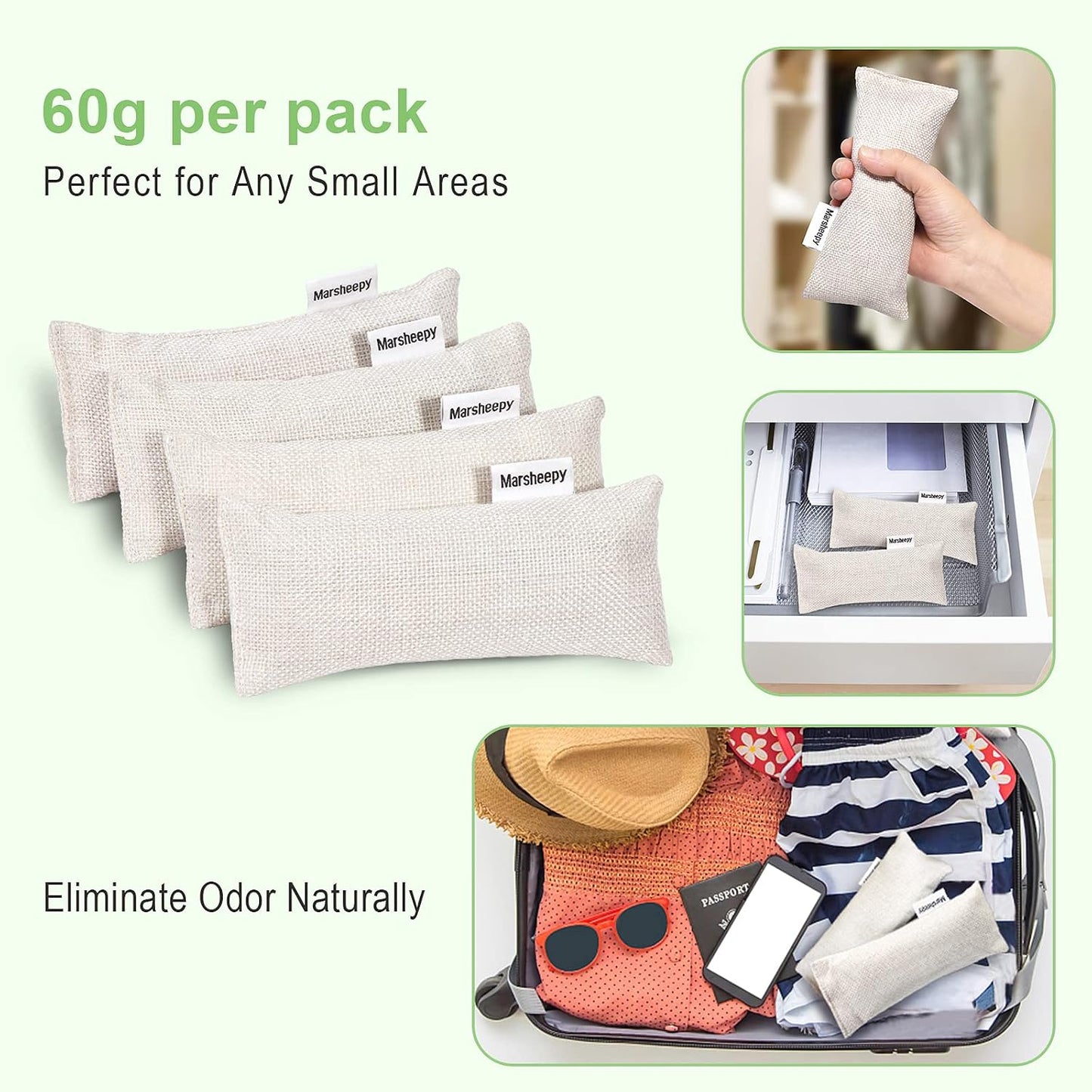 6 Pack Activated Charcoal Shoe Odor Eliminator, Shoe Deodorizer insert Bag | 100% Natural Shoes Smell Remover，eliminates odor naturally,(60g X 6 PACK)