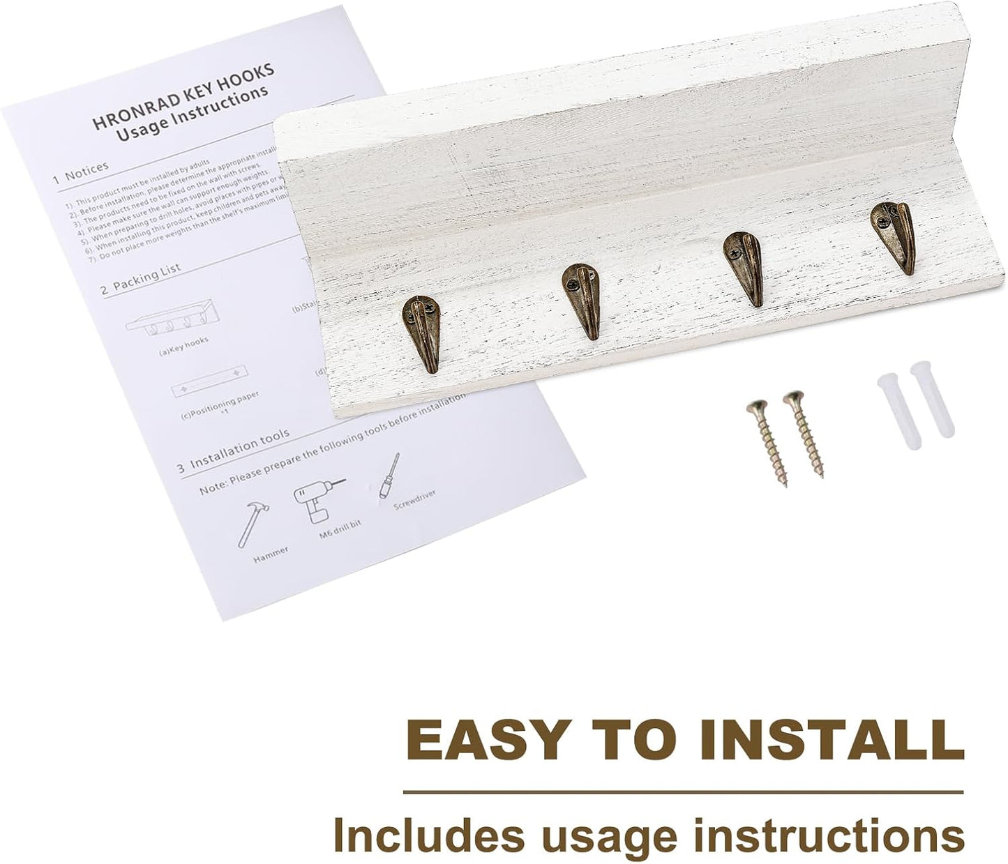 HRONRAD Rustic Key Holder for Wall, Farmhouse Wall Shelf with 4 Hooks, Wall Mounted Key Racks, Wooden Mail Organizer with Hooks for Entryway (Brown - Pine)